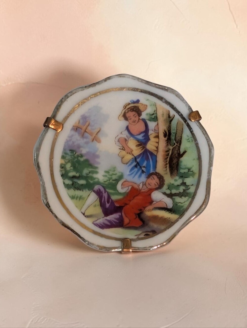 Limoges France Porcelain Miniature Plate Brooch – Fragonard Courting Couple